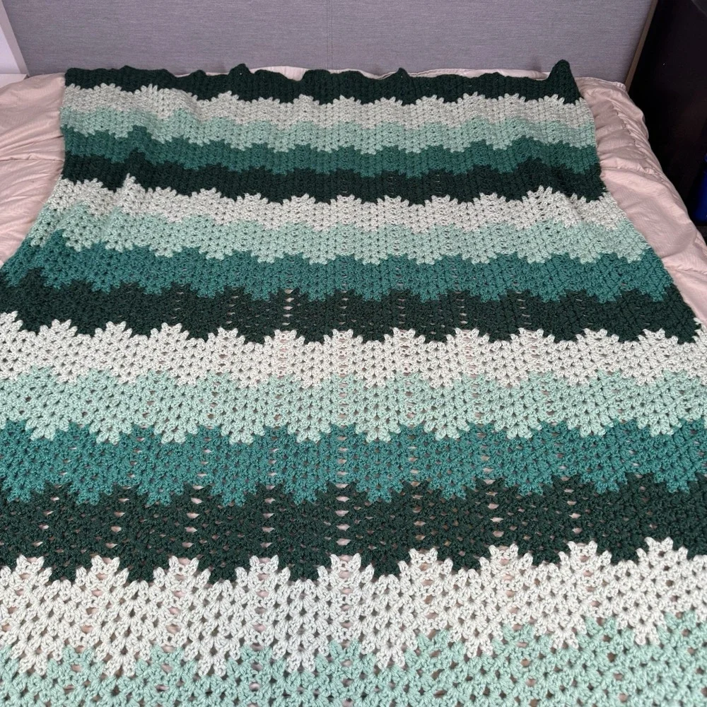 Handmade Turquoise Green Ombre Chevron Crochet Blanket 46